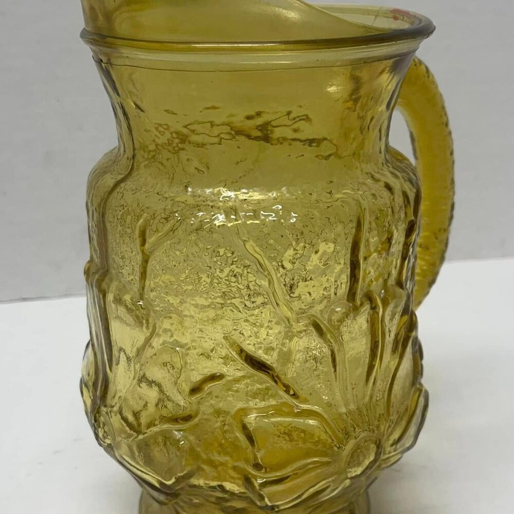 GLASS PITCHER ANCHOR HOCKING VINTAGE DAISY RAIN FLOWER FLORAL AMBER